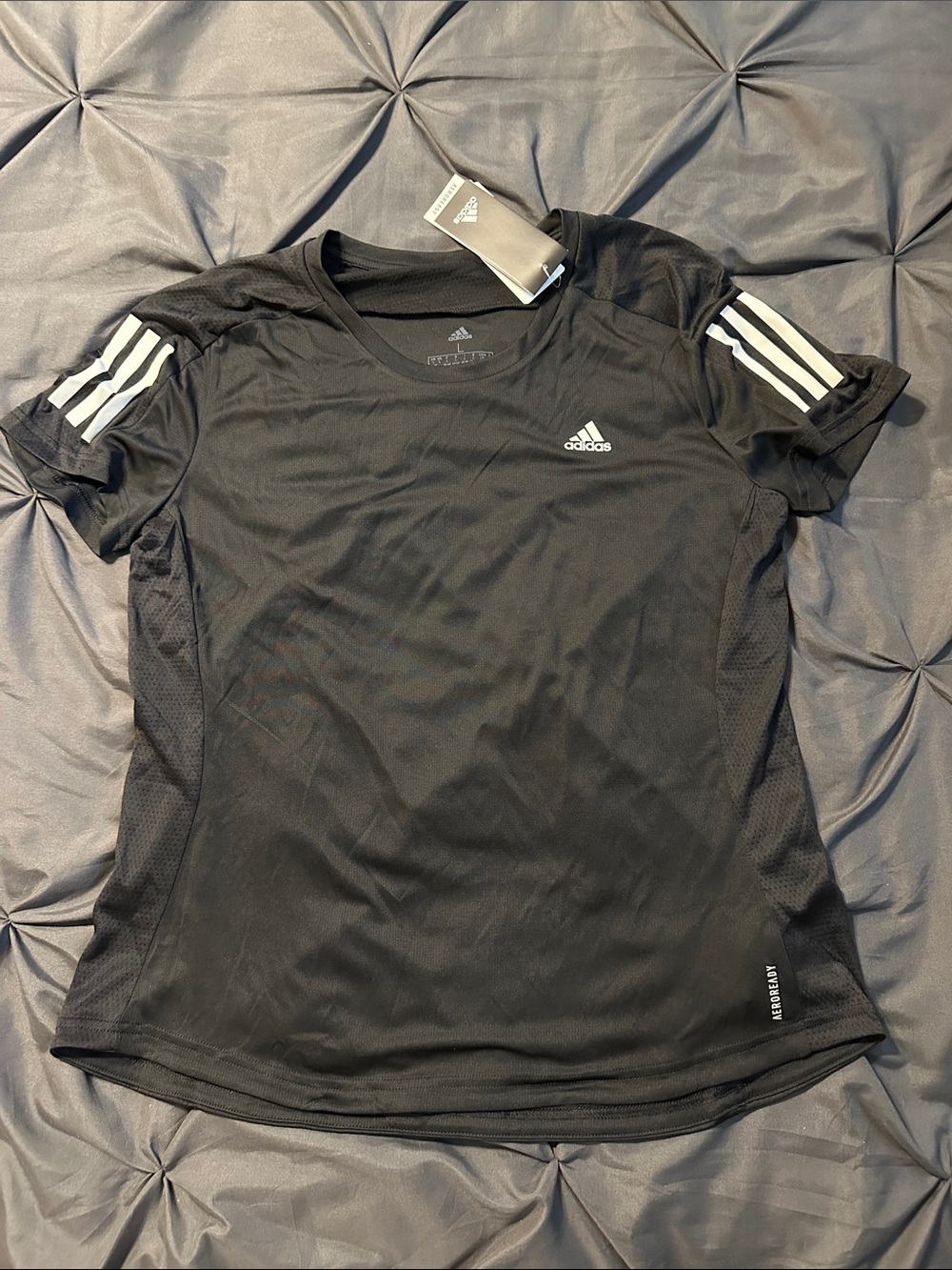 Adidas Ladies Black Performance Tee with White Sleeve Stripes
